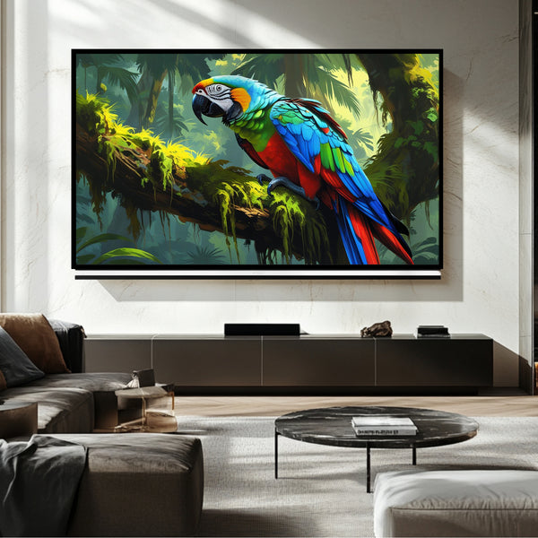 Marco para TV con diseño de loro tropical: arte digital para Samsung Frame TV