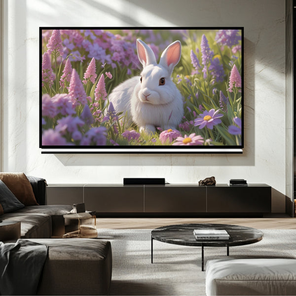 Televisor con marco de conejo blanco: arte digital para televisores Samsung Frame